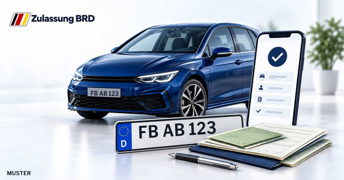 Online Fahrzeugzulassung in Butzbach: Musterkennzeichen FB AB 123, Auto und Fahrzeugpapiere und Smartphone. Illustration mit Logo von Zulassung BRD.